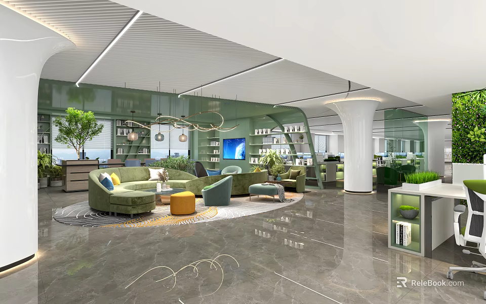 Modern Lounge Area Interior Design With Green Sofa Round Rug Plants And Bookshelf 3d model 