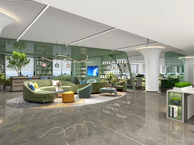 Modern Lounge Area Interior Design With Green Sofa Round Rug Plants And Bookshelf 3d model