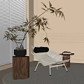 Modern White Metal Frame Lounge Chair With Beige Wall And Wooden Side Table Potted Bamboo