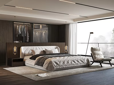 Modern Bedroom Interior Design With Large Bed Closet Window Area Rug And Accent Chair 3d model