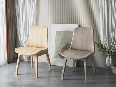 Light Wooden And Dark Padded Dining Chairs In Modern Minimalist Interior With Curtain And Artwork 3d model