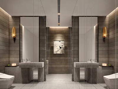 Modern Public Toilet Interior With Double Sinks Mirrors Wall Lights And Stone Walls 3d model