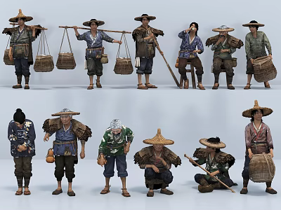 Group of People in Traditional Attire With Straw Hats and Diverse Poses 3d model