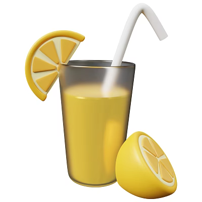 Refreshing Fresh Orange Juice in Glass Cup with Straw and Lemon Slices 3d model