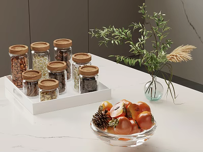 Glass Tableware Set with Jars with Wooden Lids Tray and Fruit Bowl on Marble Countertop 3d model