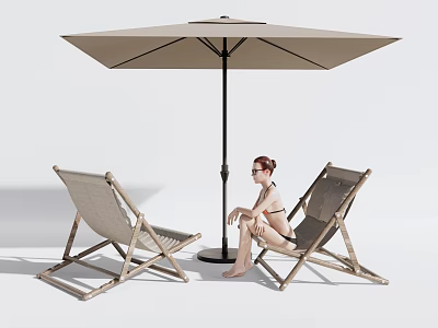 Outdoor Wooden Deck Chairs With Canvas Seats And Umbrella For Relaxation 3d model