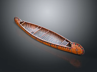 Traditional Wooden Boat with Brown Exterior and Carved Decorative Details in Canoe Shape 3d model