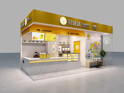 Yummy Milk Tea Shop with Yellow Signage Modern Design Glass Walls Fruit Decorations 3d model