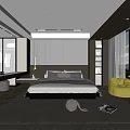 Modern Bedroom Interior With Large Bed Gray Pillows Area Rug And Floor To Ceiling Windows