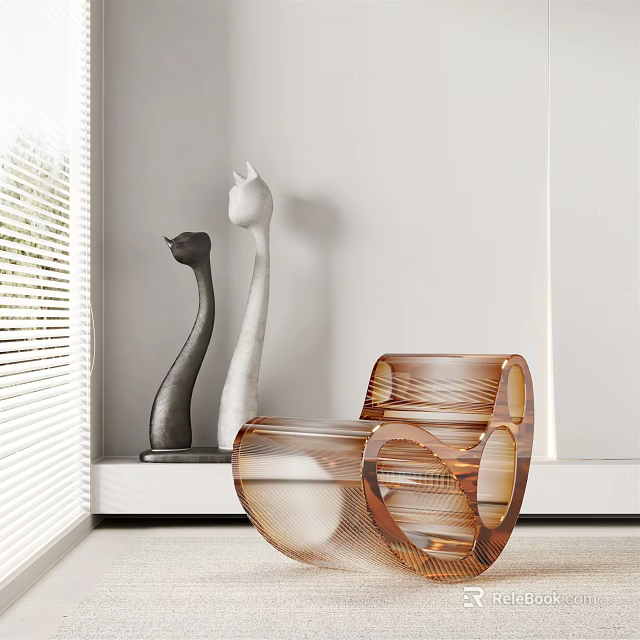 Modern Curved Transparent Amber Leisure Chair With Cat Figurines By Window Blinds 3d model 