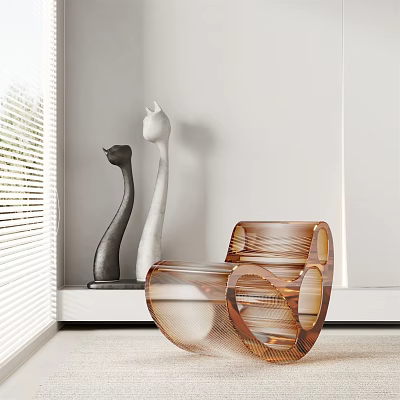 Modern Curved Transparent Amber Leisure Chair With Cat Figurines By Window Blinds 3d model