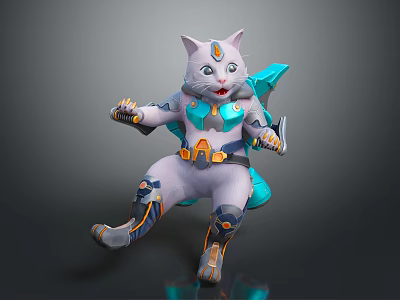 Futuristic Cat Like Creature In Armored Tech Suit With Blue White And Orange Accents 3d model