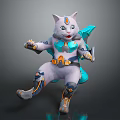 Futuristic Cat Like Creature In Armored Tech Suit With Blue White And Orange Accents