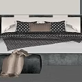 Modern Gray Double Bed with Striped Polka Dot Pillows Plaid Quilt and Bench