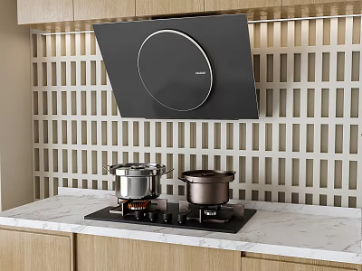 Modern Kitchen Appliances Black Range Hood Gas Stove On Marble Countertop Wooden Cabinets Lattice Wall 3d model