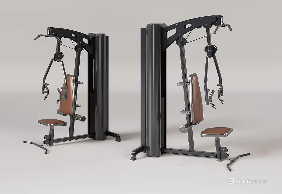 Dual Station Fitness Equipment With Black Metal Frame Brown Leather Seats And Adjustable Arm Mechanisms 3d model 
