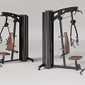 Dual Station Fitness Equipment With Black Metal Frame Brown Leather Seats And Adjustable Arm Mechanisms