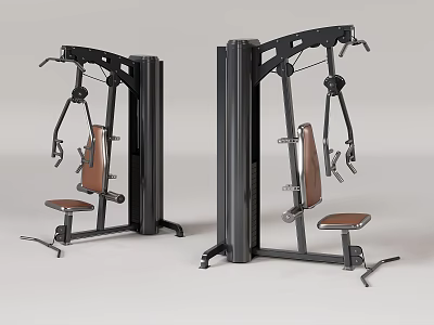Dual Station Fitness Equipment With Black Metal Frame Brown Leather Seats And Adjustable Arm Mechanisms 3d model