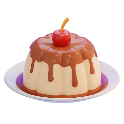 Creamy Vanilla Pudding Topped with Chocolate Sauce and Cherry on White Plate 3d model