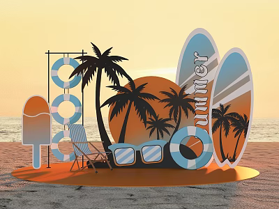 Summer Beach Photo Check-in Spot With Surfboards Palm Trees And Sunset View 3d model