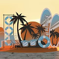 Summer Beach Photo Check-in Spot With Surfboards Palm Trees And Sunset View