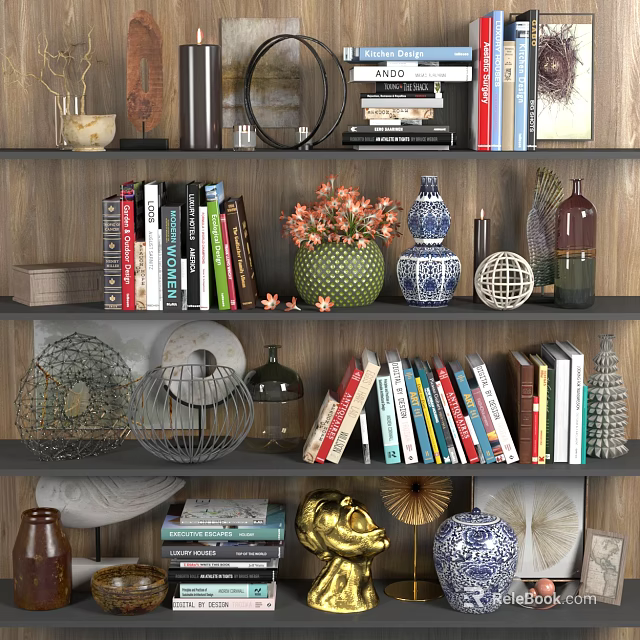 Stylish Home Bookshelf Display with Books Magazines Vases and Decorative Ornaments 3d model 