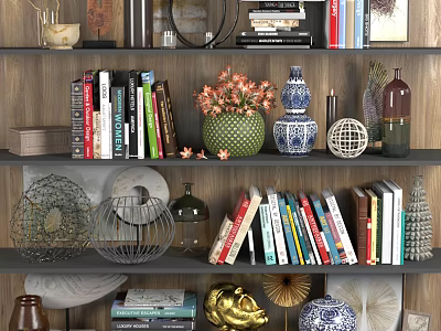 Stylish Home Bookshelf Display with Books Magazines Vases and Decorative Ornaments 3d model