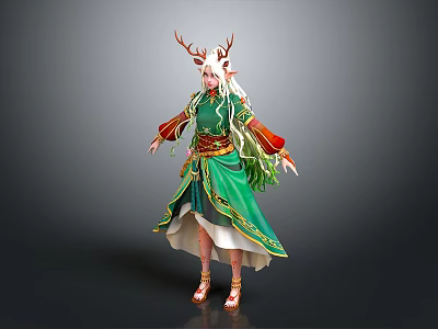 Elegant Fantasy Game and Movie Character With Long White Hair Red Antler Decorations Green Robe 3d model