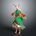 Elegant Fantasy Game and Movie Character With Long White Hair Red Antler Decorations Green Robe