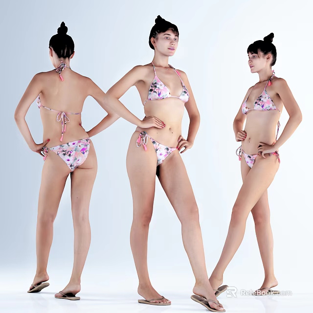 Woman Wearing Floral Print Bikini Posing In Three Different Angles 3d model 