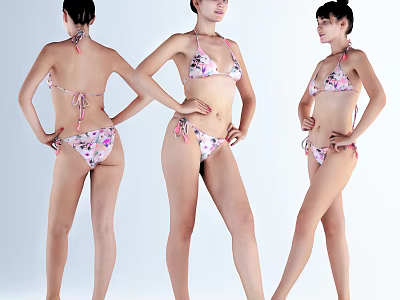 Woman Wearing Floral Print Bikini Posing In Three Different Angles 3d model