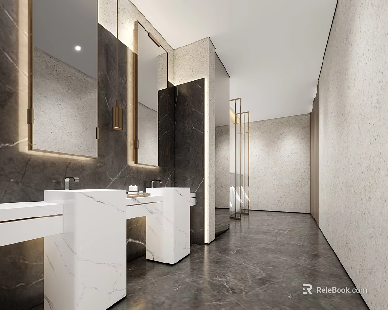 Modern Bathroom Interior With Marble Sinks Large Mirrors Dark Walls 3d model