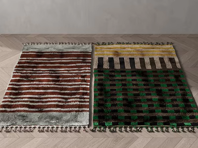 Brown Green Square Rugs With Striped Checkered Patterns And Tassels On Wooden Floor 3d model