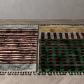 Brown Green Square Rugs With Striped Checkered Patterns And Tassels On Wooden Floor