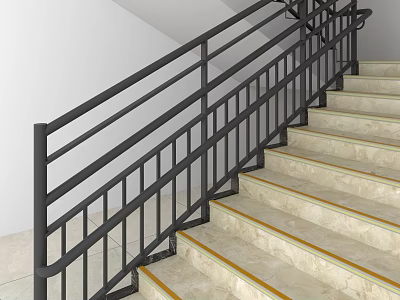 Black Metal Staircase Railing Indoor With Beige Marble Steps And Gold Edges 3d model