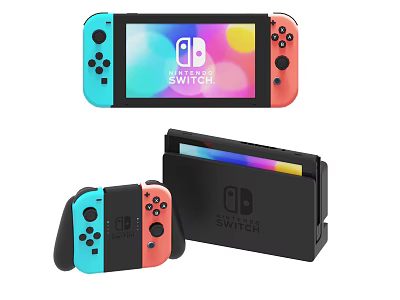 Nintendo Switch Portable Entertainment Console With Colorful Joy Con Controllers And Game Card Case 3d model