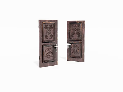Dark Brown Traditional Swing Doors With Intricate Carved Patterns For Interior 3d model