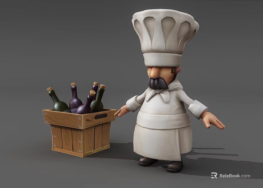 Game Chef Character in White Uniform With Chef Hat and Wooden Crate of Wine Bottles 3d model 