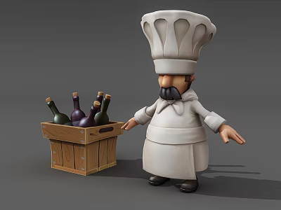 Game Chef Character in White Uniform With Chef Hat and Wooden Crate of Wine Bottles 3d model