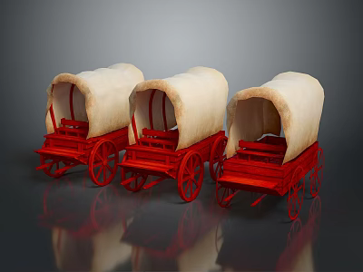 Three Vintage Red Wagons With White Canvas Covers And Wooden Wheels 3d model