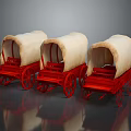 Three Vintage Red Wagons With White Canvas Covers And Wooden Wheels