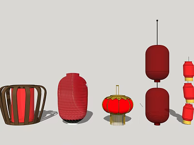 Different Shaped Traditional Red Chinese Lanterns With Decorative Designs And Features 3d model