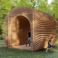 Wooden Pergola With Radial Slats Arched Entrance In Outdoor Garden Greenery People Walking