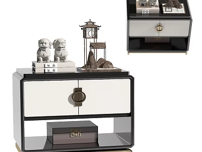Modern Chinese Bedside Cabinet With Drawers Lion Statues Lantern Lamp And Decorative Box 3d model