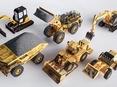 Various Types of Construction Utility Vehicles Including Bulldozers Loaders and Dump Trucks 3d model