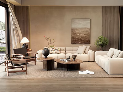 Modern Living Room Interior With Neutral Tones Sofa Armchair Wooden Coffee Table Artwork And Plant 3d model