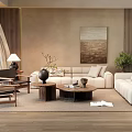 Modern Living Room Interior With Neutral Tones Sofa Armchair Wooden Coffee Table Artwork And Plant