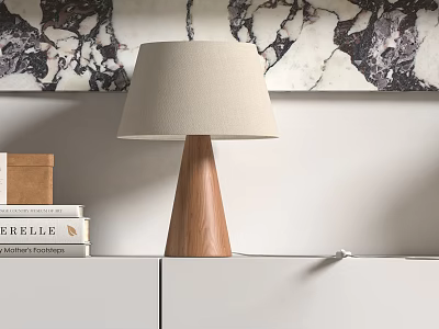 Wooden Base Table Lamp With Beige Lampshade On White Cabinet By Marble Wall 3d model
