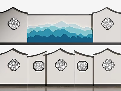 Neo Chinese Style Sofa Backdrop Wall With Layered Blue Mountain Pattern And Fan Decorations 3d model