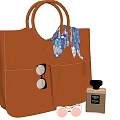 Brown Leather Tote Bag with Round Handles Scarf Sunglasses in Pockets and Perfume Bottle